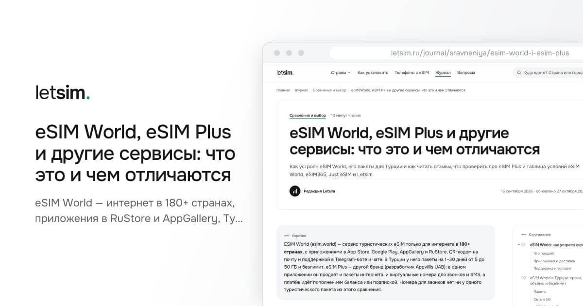eSIM World, eSIM Plus и другие сервисы: что это и чем отличаются. eSIM World — интернет в 180+ странах, приложения в RuStore и AppGallery, Турция на 1–30 дней